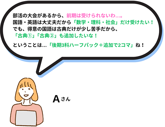 部活の大会があるから、前期は受けられないわ。国語・英語は大丈夫だから、「古典①」「古典②」も追加したいな！ということは・・・「後期3科ハーフパック＋追加で2コマ」ね！