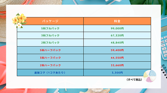 5科フルパック99,000円 3科フルパック67,320円 2科フルパック48,840円 5科ハーフパック59,400円 3科ハーフパック44,550円 2科ハーフパック33,660円 追加コマ（1コマあたり）3,300円　すべて税込み